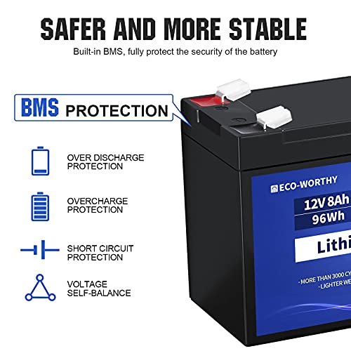 ECO-WORTHY 8Ah 12V Batería de Litio LiFePO4 Ciclo Profundo 3000 Veces Recargable fosfato de Litio y Hierro con BMS para Coche de Niños,Stock de Energía Solar,Alarma Sistema, Aplicación Fuera de la Red