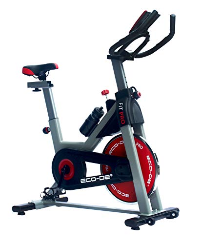 ECODE Bicicleta Spinning Fit Pro. Uso semiprofesional con pulsómetro, Pantalla LCD y Resistencia Variable 18kgrs. Estabilizadores. Completamente Regulable.