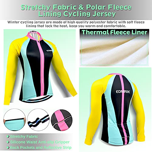 EDMRIK Conjunto de Ropa Ciclismo Mujer Invierno, Traje Bicicleta Térmico de Manga Larga para Mujer y Pantalón de Ciclista Largo con Acolchado Gel 20D (L, DCTIAW25)