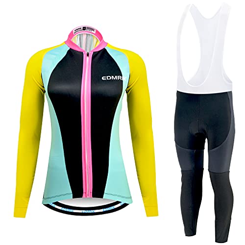 EDMRIK Conjunto de Ropa Ciclismo Mujer Invierno, Traje Bicicleta Térmico de Manga Larga para Mujer y Pantalón de Ciclista Largo con Acolchado Gel 20D (L, DCTIAW25)