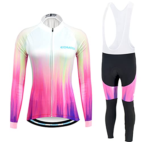 EDMRIK Conjunto de Ropa Ciclismo Mujer Invierno, Traje Bicicleta Térmico de Manga Larga para Mujer y Pantalón de Ciclista Largo con Acolchado Gel 20D