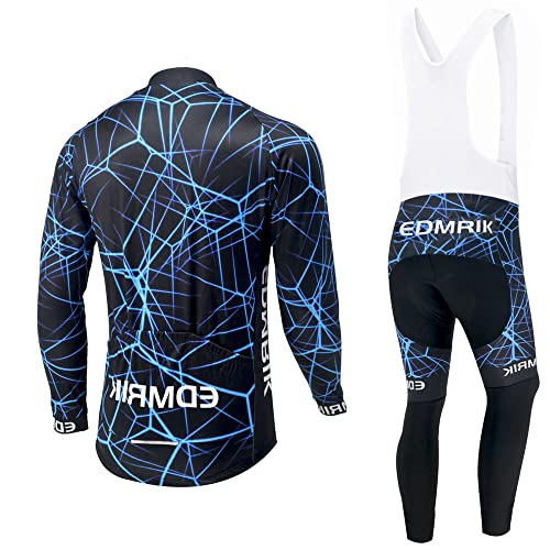 EDMRIK Ropa Ciclismo Hombre Invierno, Traje Bicicleta Térmico con Mangas Largas, Maillot Ciclismo con Bolsillos y Pantalón MTB Invierno Largo