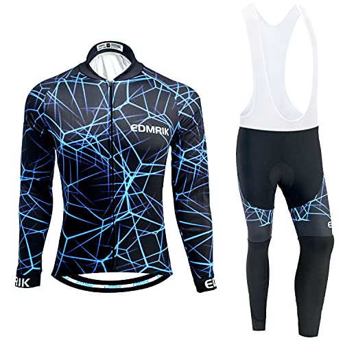 EDMRIK Ropa Ciclismo Hombre Invierno, Traje Bicicleta Térmico con Mangas Largas, Maillot Ciclismo con Bolsillos y Pantalón MTB Invierno Largo