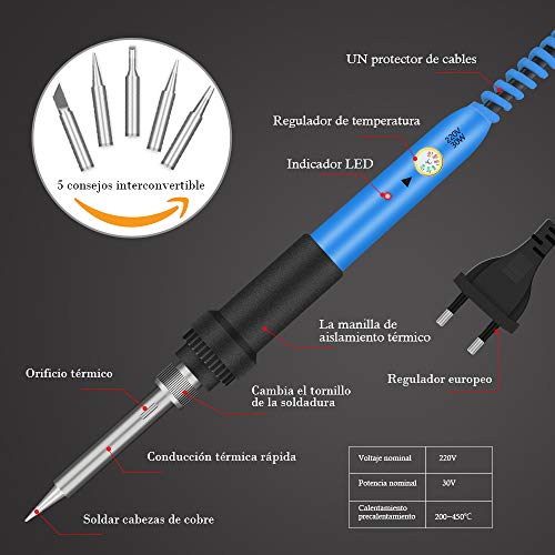 E·Durable Soldadores de Estaño Electronica, 60W 220V Kit del Soldador 5pcs Puntas Diferentes,Alambre de Soldadura Soporte,Cortador,Pinzas,destornillador