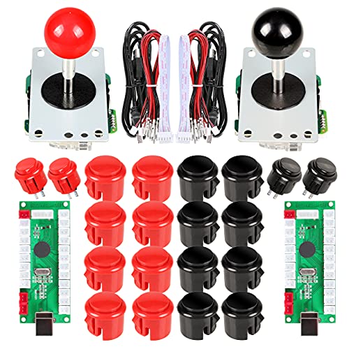EG STARTS 2 jugadores Arcade Game Kit Piezas USB Pc Joystick para Mame Game DIY USB Encoder + 2x 8 Way stick + 20 Botones pulsadores Rojo + Negro Kits Soporte Windows System & Raspberry pi