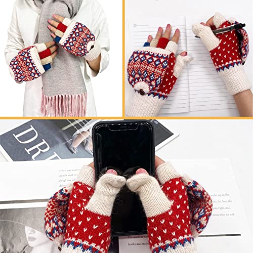 ehsbuy Guantes sin dedos de invierno para mujer de lana cálida hecha punto convertibles damas sin dedos mitones, Zfleece Whitered, 85