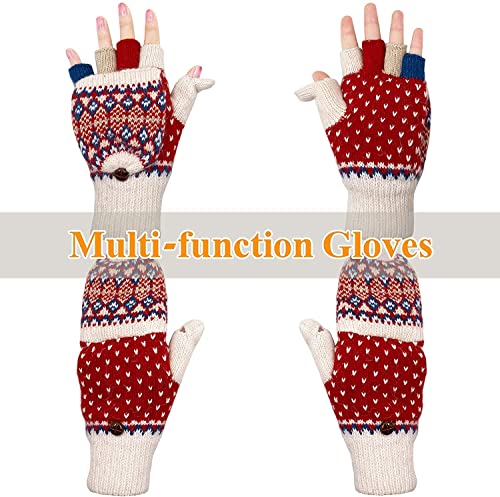 ehsbuy Guantes sin dedos de invierno para mujer de lana cálida hecha punto convertibles damas sin dedos mitones, Zfleece Whitered, 85