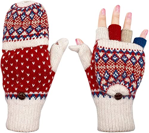 ehsbuy Guantes sin dedos de invierno para mujer de lana cálida hecha punto convertibles damas sin dedos mitones, Zfleece Whitered, 85