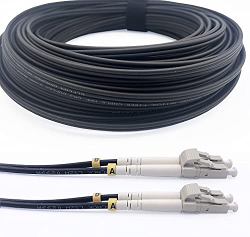 Elfcam® - Cables de Fibra Óptica Blindados LC/UPC a LC/UPC OM3 Multimodo Duplex 50/125um LSZH, para Instalaciones en Exteriores e Interiores, Negro (30M)