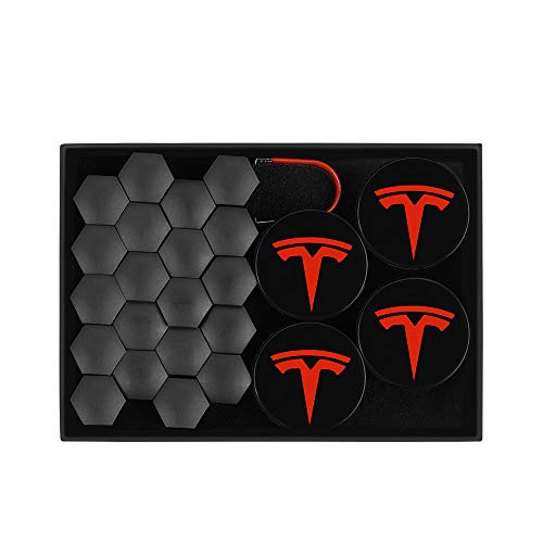 Emblema de Cubierta de Rueda de Coche RS para Tesla Model 3, S & X Juego de Tapa de buje Kit de Tapa de buje (4 Tapas de buje + 20 Cubiertas de Tuerca de Rueda) (Blanco)