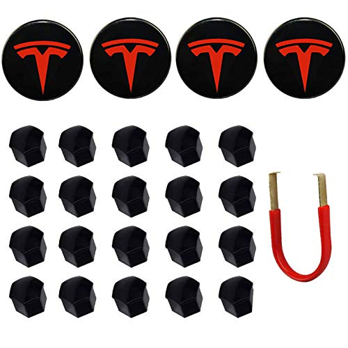 Emblema de Cubierta de Rueda de Coche RS para Tesla Model 3, S & X Juego de Tapa de buje Kit de Tapa de buje (4 Tapas de buje + 20 Cubiertas de Tuerca de Rueda) (Blanco)