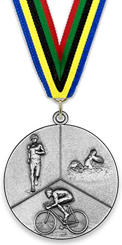 Emblemarket Medalla de Metal Personalizable - Triatlón - Color Plata - 6,4cm - Cinta Incluida - Colores de Cinta - Olímpica