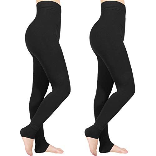 Emooqi Leggings Largas de Invierno para Mujer, Pack de 2 Leggings Cintura Alta, Leggings Térmicos Calientes con Forro Polar, Leggings Pantalones Mallas Elásticos, L, Negro