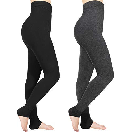 Emooqi Leggings Largas de Invierno para Mujer, Pack de 2 Leggings Cintura Alta, Leggings Térmicos Calientes con Forro Polar, Leggings Pantalones Mallas Elásticos, L, Negro + Gris