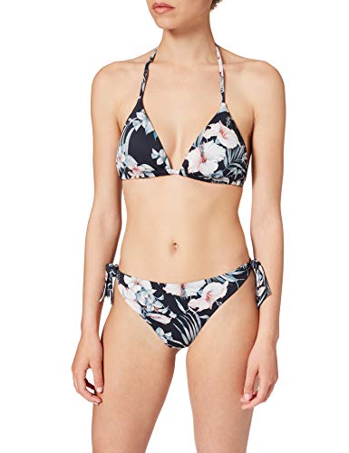 Emporio Armani Swimwear Triangle Rem.Copas & Brazilian W/Bows Bikini Tropical Garden Juego Biquini, Diseño de Flores en Color Negro, M para Mujer