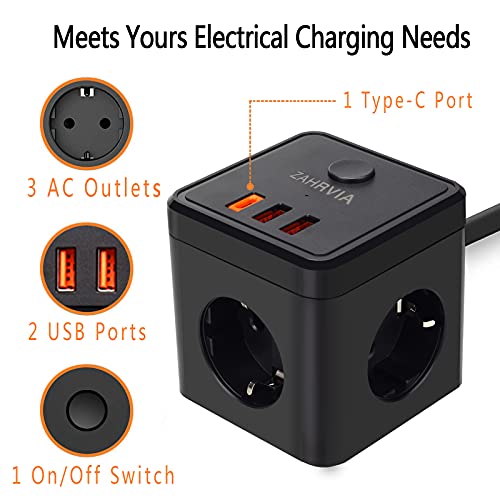 Enchufe USB, ZAHRVIA 6 en 1 Cube Regleta con 1 Type-C (20W) & 2 Puertos USB y 3 Tomas de CA, Enchufe Multiple Electrica Proteccion para Casa, Oficina y los Viajes - Cable 1.8m (2500W/10A)