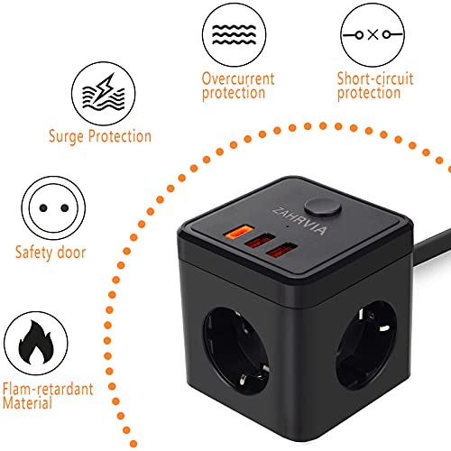 Enchufe USB, ZAHRVIA 6 en 1 Cube Regleta con 1 Type-C (20W) & 2 Puertos USB y 3 Tomas de CA, Enchufe Multiple Electrica Proteccion para Casa, Oficina y los Viajes - Cable 1.8m (2500W/10A)