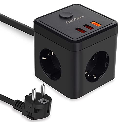 Enchufe USB, ZAHRVIA 6 en 1 Cube Regleta con 1 Type-C (20W) & 2 Puertos USB y 3 Tomas de CA, Enchufe Multiple Electrica Proteccion para Casa, Oficina y los Viajes - Cable 1.8m (2500W/10A)