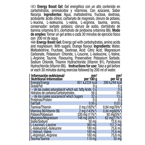 Energy Boost Gel Naranja, 42g x 24 geles, energía rápida y duradera, formato ergonómico