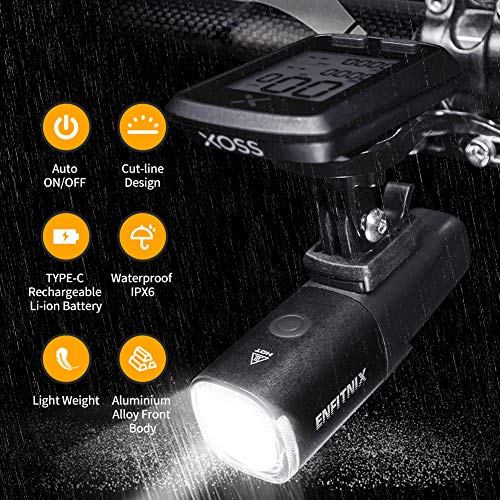 ENFITNIX Luz Delantera para Bicicleta, Recargable, con detección automática, 800 lúmenes, Luces de Bicicleta súper Brillantes, 5 Modos de luz para Ciclismo, Senderismo, Camping