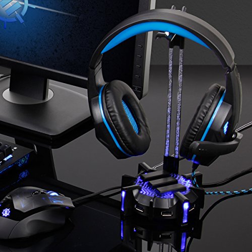 ENHANCE Soporte Auriculares Gaming - Soporte Cascos con Hub USB De 4 Puertos Iluminación LED Personalizable Cuello Flexible De Acrílico Base Universal para Escritorio