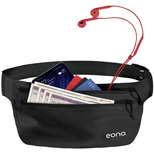 Eono Essentials - Cinturón portaobjetos Resistente al Agua con Banda elástica Ajustable para Hacer Ejercicio, Running, rutas en Bici y Actividades al Aire Libre (Negro)