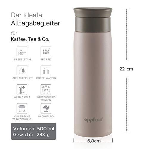 eppikan® EppiToGo Termo de Acero Inoxidable, taza aislada, Travel Mug, Coffee-to-go, Taza para Coche, 350 ml, 500 ml, taza de viaje, antigoteo con Apertura de 360º higiénica (Lavender Grey, 500 ml)