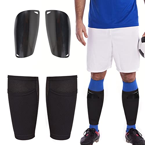 Espinilleras de fútbol para niños, calcetines de fútbol, con bolsillos, transpirables, suaves, color negro, juego para adultos y jóvenes, equipamiento de fútbol, prevención de lesiones (L)