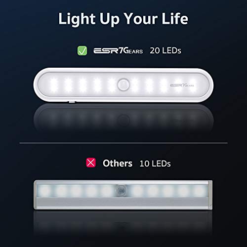 ESR7Gears Luz Armario de 20 LED con sensor de movimientos, 3 modos de iluminación, Lámpara nocturna inalámbrica portátil para Pasillo Cocina, Magnético Sin instalación, Funciona con pilas, 2 unidades