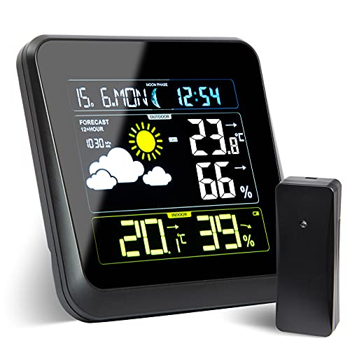 Estacion Meteorologica con Higrometro, Termometro Digital Casa Interior Exterior, Barometro Interior, Fases Lunares, Calendario, Reloj Despertador, Previsión del Tiempo y Sensor Remoto