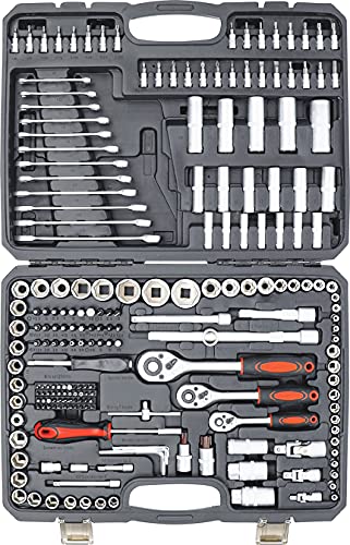 ESTUCHE DE HERRAMIENTAS 216 PIEZAS CARRACA 1/4 1/2 3/8 LLAVES VASOS Y LLAVES FIJAS