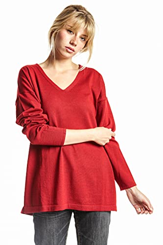 ETERKNITY - Jersey Cuello Pico Amplio en Calidad Merino Extrafine, Rojo, M