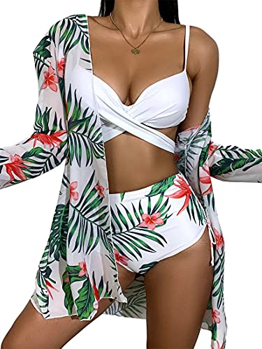 EUDOLAH Conjunto de Disfraz 3 Piezas Mujer Bikini Sujetador Cruzado Blanco Braguitas de Bikini con Cintura Alta Kimono de PlayaMotivo de la Hoja,L
