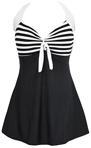 EUDOLAH Traje de Baño Entero Linda Mujer Tankini Vintage con Cabestronegro Blanco Rayado-F,XL