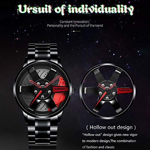 EVANA único Reloj Hombres Llantas Hub Reloj Deportivo Coche Rueda diseño Reloj de Acero Inoxidable Acero Inoxidableimpermeable Mecanismo de Cuarzo (Rojo+Acero Inoxidable)