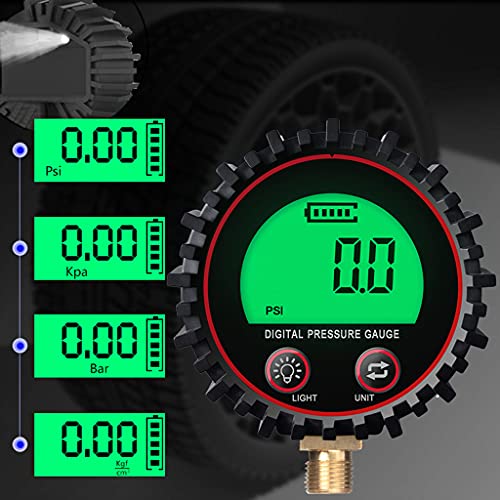 Exing Medidor De Presión De Neumáticos Digital, Tamaño De Esfera Medidor De Presión De Neumáticos De Automóvil 0-255 Psi / Kpa / Bar / Kgf Cm² Con Luz LED, Conector De Metal Sólido Roscado M11 Aliment