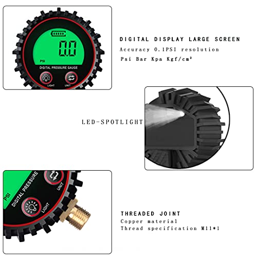 Exing Medidor De Presión De Neumáticos Digital, Tamaño De Esfera Medidor De Presión De Neumáticos De Automóvil 0-255 Psi / Kpa / Bar / Kgf Cm² Con Luz LED, Conector De Metal Sólido Roscado M11 Aliment