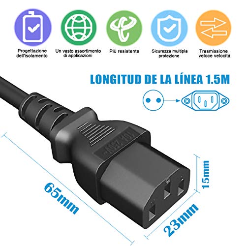 EXTRASTAR Cable de Alimentacion,1.5M ES Schuko Cable de alimentación para PC, Monitor, Televisión, Proyector, Cable IEC Negro de 3 Pines IEC320 C13 H05VV-F 3 * 0.75mm² …