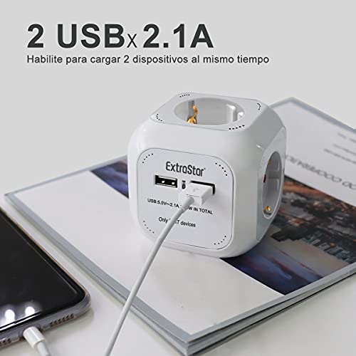 Extrastar PowerCube (Extended USB 1.5 m) Regleta de 4 Salidas, con 2 para Carga de USB 5V Blanco (Blanco)