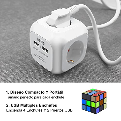 Extrastar PowerCube (Extended USB 1.5 m) Regleta de 4 Salidas, con 2 para Carga de USB 5V Blanco (Blanco)