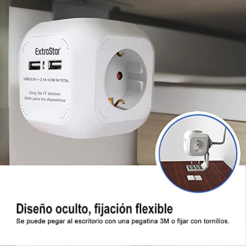 Extrastar PowerCube (Extended USB 1.5 m) Regleta de 4 Salidas, con 2 para Carga de USB 5V Blanco (Blanco)