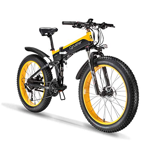 Extrbici Cruiser Bicicleta Eléctrica Plegable XF690 1000w 48v 12,8A Electrónica Grasa Neumática E Bicicleta Completa Suspensión 27 Velocidades Bicicleta Eléctrica (Amarillo)