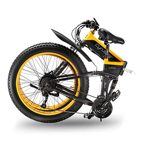 Extrbici Cruiser Bicicleta Eléctrica Plegable XF690 1000w 48v 12,8A Electrónica Grasa Neumática E Bicicleta Completa Suspensión 27 Velocidades Bicicleta Eléctrica (Amarillo)