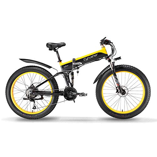 Extrbici Cruiser Bicicleta Eléctrica Plegable XF690 1000w 48v 12,8A Electrónica Grasa Neumática E Bicicleta Completa Suspensión 27 Velocidades Bicicleta Eléctrica (Amarillo)