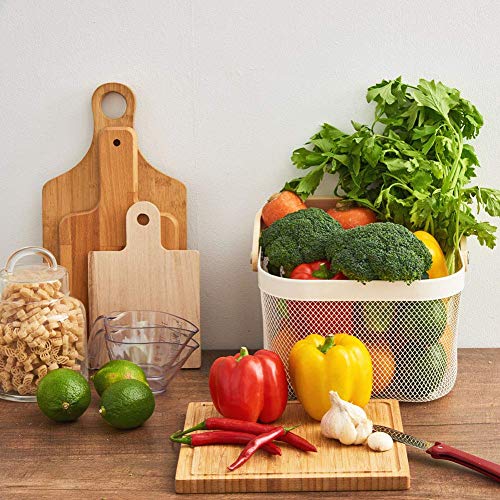 EZOWare Cesta de Almacenaje Decorativo Multiuso de Alambre Metálica con Asa de Madera, Caja Organizador para Cocina Baño Alimentos Armario - Color Blanco