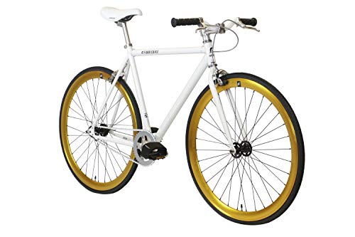 FabricBike- Bicicleta Fixie, piñon Fijo, Single Speed, Cuadro Hi-Ten Acero, 10,45 kg. (Talla M) (M-53cm, White & Gold)