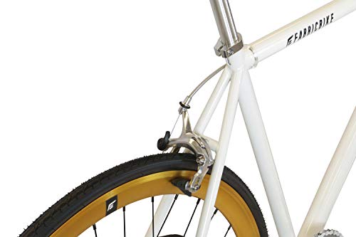 FabricBike- Bicicleta Fixie, piñon Fijo, Single Speed, Cuadro Hi-Ten Acero, 10Kg (S-49cm, White & Gold)