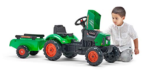 Falk- Tractor a Pedales Supercharge Rojo con capó abatible y Remolque, Color Verde (2031AB)
