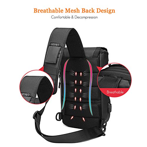 FANDARE Antirrobo Bolso Pecho Bolsos de Hombre con USB Negocio Sling Bag Gran Capacidad Bolsos Cruzados Bandoleras Cruzada Mochilas y Bolsas de Viaje Deportes Ciclismo Montañismo Poliéster Negro