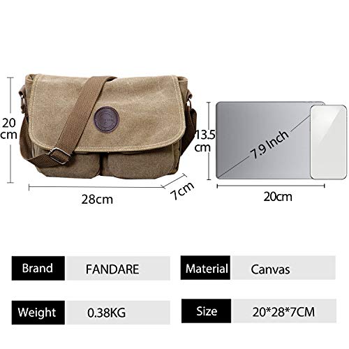 FANDARE Bolsa de Mensajero Bolso de Lona Bolsos Bandolera Unisex Adulto Bolsos Maletín Messenger Bag para el Trabajo la Escuela 7.9 Pulgadas Bolsa de iPad Caqui